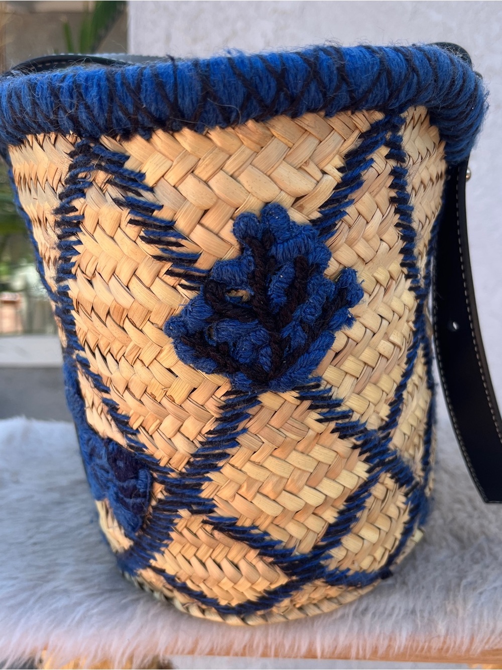 Loewe Natural Straw Tote with Blue Embroidery & Black Leather Trim - Picture 2 of 8
